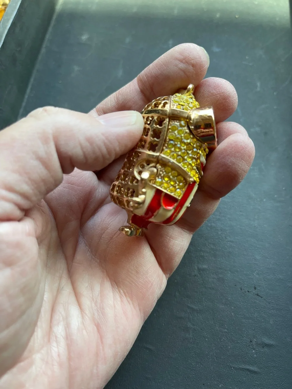 Minion Crystal Yellow Pendant with Red Stripe Overalls. His  Arms Move. NWOT